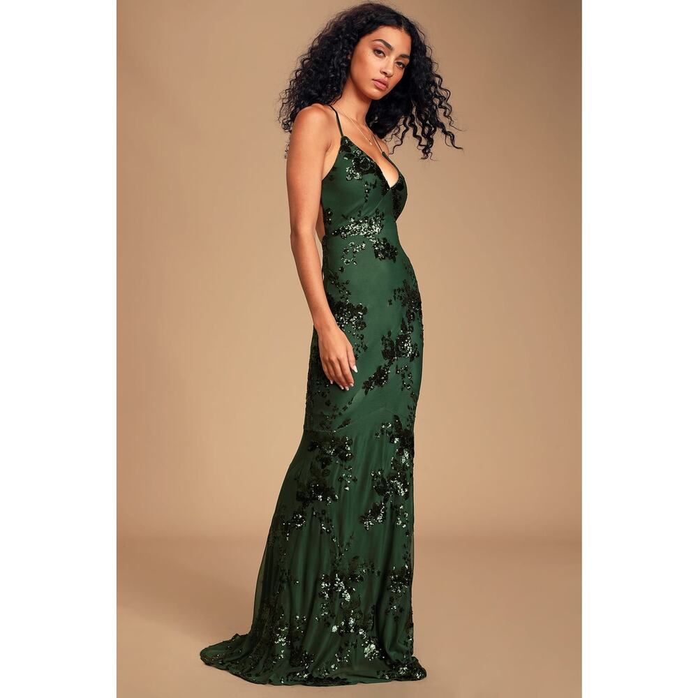 NWT Lulus Valhalla Forest Green Sequin Lace-Up Maxi Dress Glam Holiday Size M - Picture 3 of 10